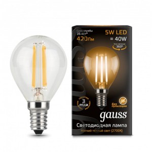 Лампа св/д Gauss Filament Шар G45 E14 5W(420lm) 2700K 80x45 филамент (нитевидная), прозр. 105801105