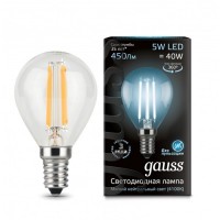 Лампа св/д Gauss Filament Шар G45 E14 5W(450lm) 4100K 80x45 филамент (нитевидная), прозр. 105801205