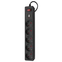 Smartbuy сетевой фильтр USB ПВС 3х0.75 5 роз. 1,8м 10A черный, земля, выкл., шторки (SBSP-18U-K)/45